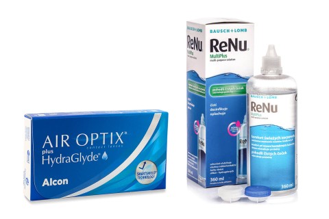 Air Optix Plus Hydraglyde (6 lentilles) + ReNu MultiPlus 360 ml avec étui