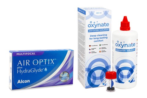 Air Optix Plus Hydraglyde Multifocal (3 lentilles) + Oxynate Peroxide 380 ml avec étui