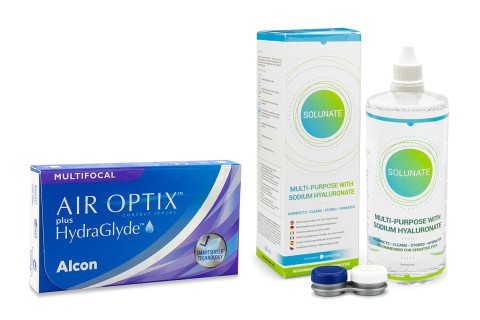 Air Optix Plus Hydraglyde Multifocal (3 lentilles) + Solunate Multi-Purpose 400 ml avec étui